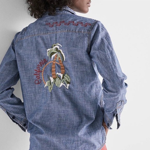NWT LUCKY BRAND Palms Chambray Western Embroidered Cali Button Down - Large - Picture 1 of 12